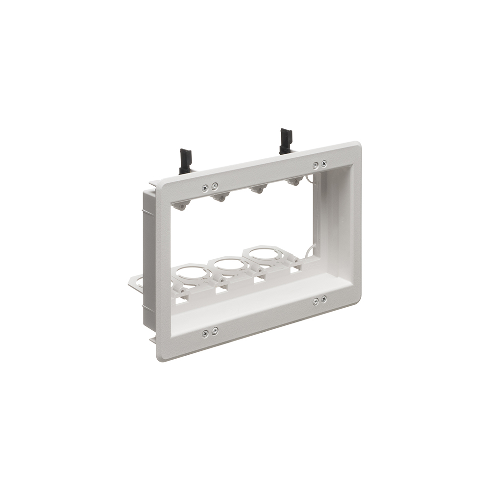 Recessed low voltage mounting bracket for old or new construction. Designed to install low voltage class 2 wiring only. White Paintable. Four Gang.