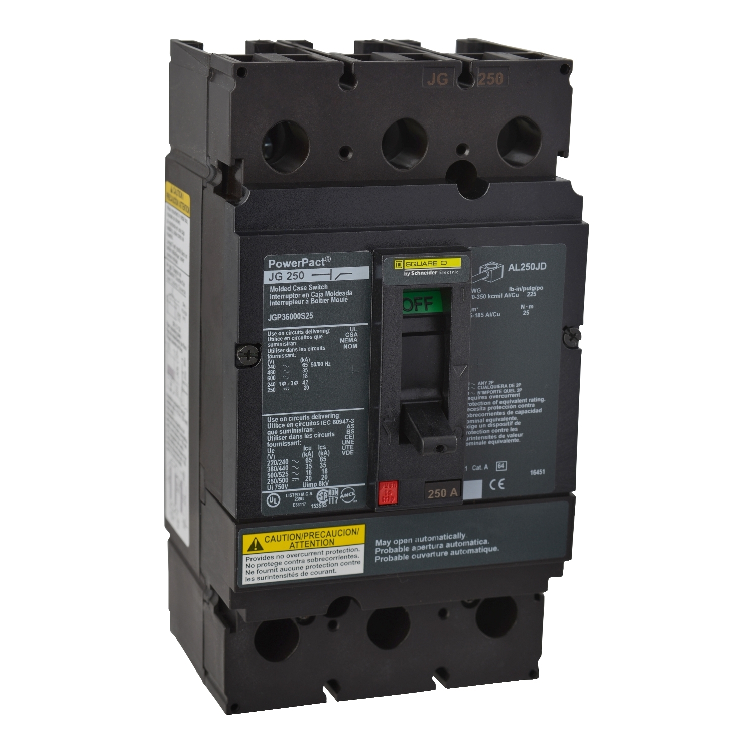 Automatic switch, PowerPacT J, 250A, 3 pole, 600VAC, 18kA, lugs, magnetic
