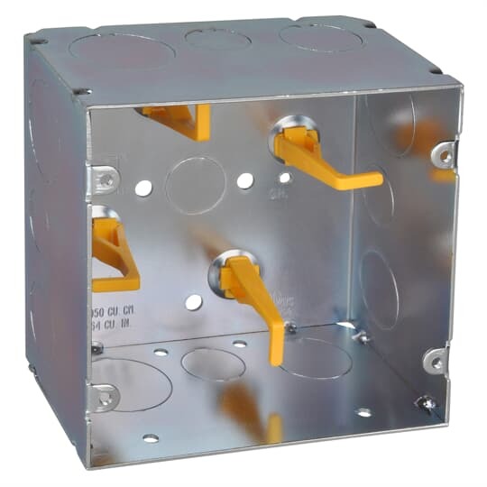Telecommunication Box, 64 Cubic Inches, 5 Inches Square x 2-7/8 Inches Deep, 1/2 Inch, 3/4 Inch, and 1 Inch Knockouts, Pre-Galvanized Steel, with Cable Management Posts
