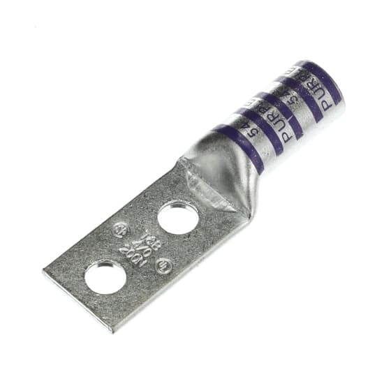 Copper Two-Hole Lug, Long Barrel, Blind End, Max 35kV, Wire Size 4/0 AWG, 3/8 Inch Bolt Size, 1 Inch Hole Spacing, Tin Plated, Die Color Code Purple, Die Code 54