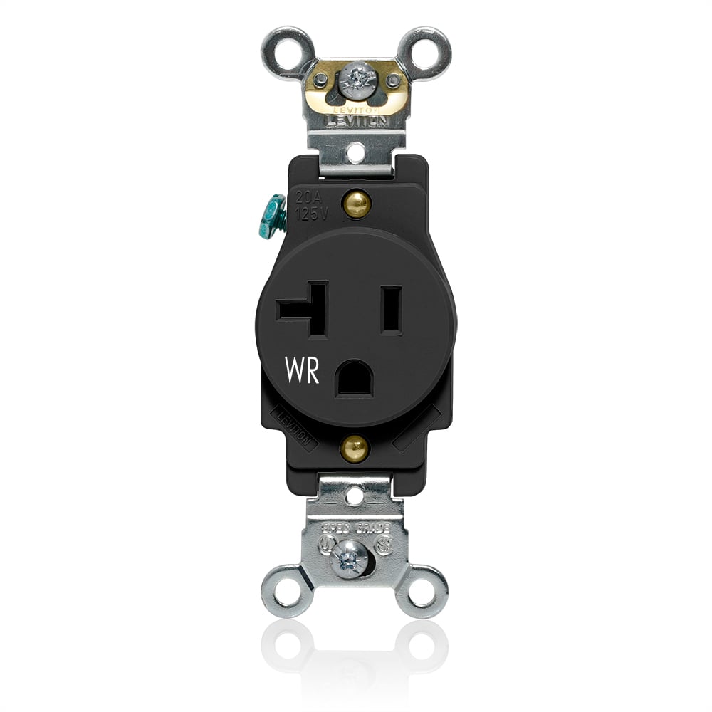 Single Receptacle Outlet, Heavy-Duty Industrial Specification Grade, Weather-Resistant, Smooth Face, 20 Amp, 125 Volt, Back or Side Wire, NEMA 5-20R, 2-Pole, 3-Wire, Self-Grounding - Black