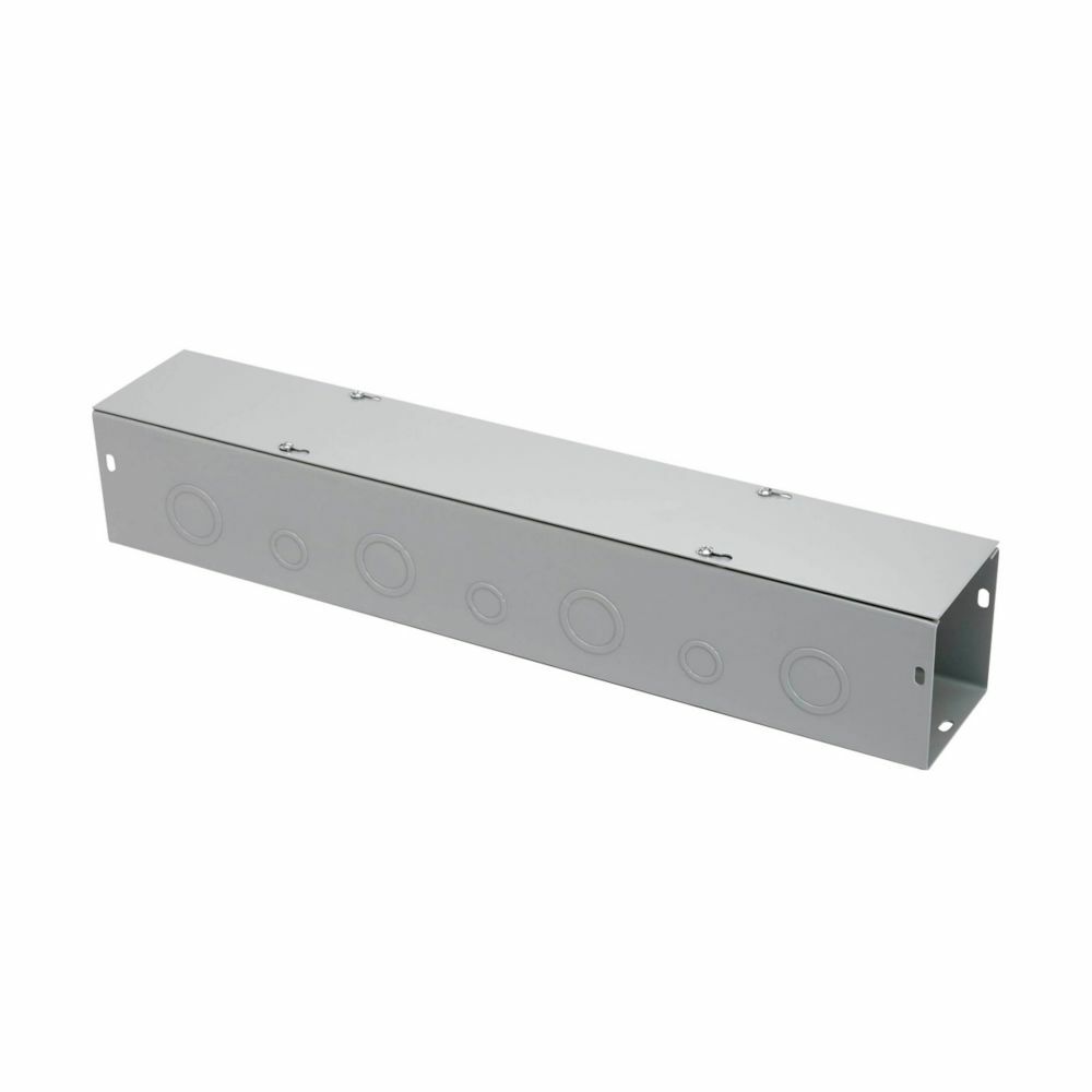 wireway, 6" height, 12" length, 6" width, G wireway, Thru holes, 3 top knockouts, 3 bottom knockouts, Screw cover, NEMA 1, Steel, Plated screws, ANSI 61 gray, 16 gauge
