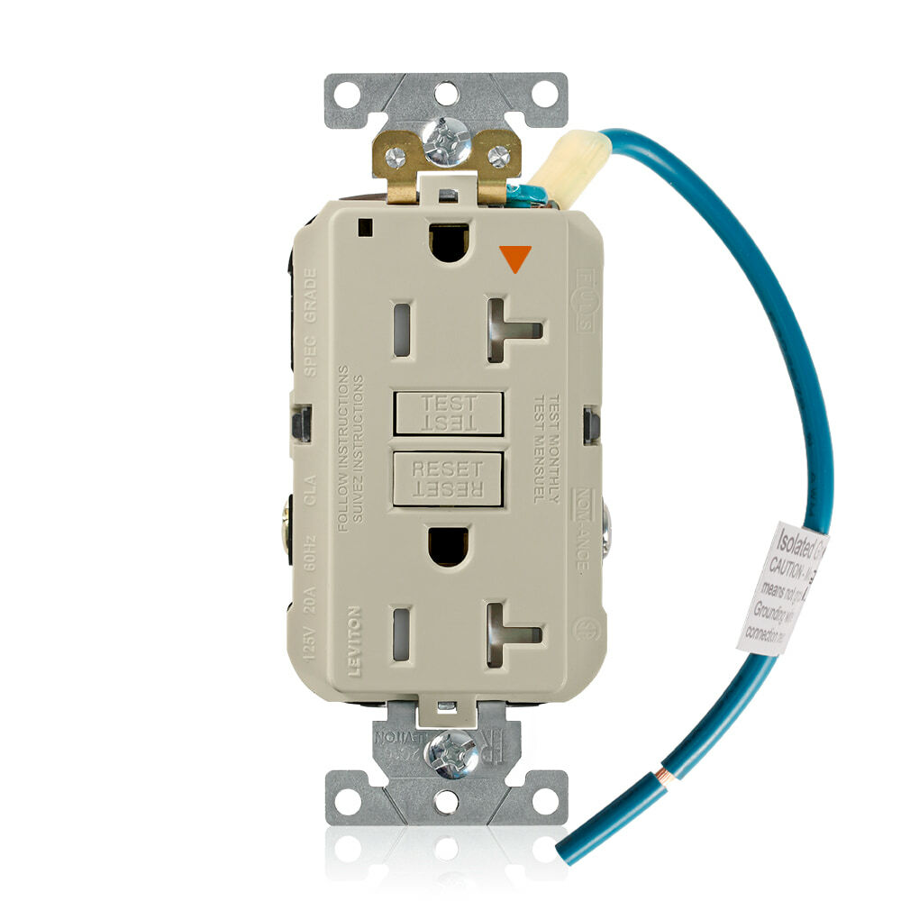 Self-Test, Isolated Ground, Tamper Resistant, Fed-Spec Slim GFCI Receptacle. NEMA 5-20R 20A-125V @ Receptacle, 20A-125V Feed-through, Lighted, Ivory, W/Ivory Test And Reset Button, With Mounting Screws, Washers, Instruction Sheets,