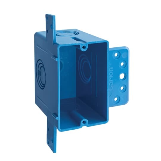 Single Gang Outlet Box, Volume 22 Cubic Inches, Length 3.53 Inches, Width 2.10 Inches, Depth 3.25 Inches, Number of Knockout 4, Knockout Size 1/2 Inch, 3/4 Inch, and 1 Inch, Color Blue, Material PVC