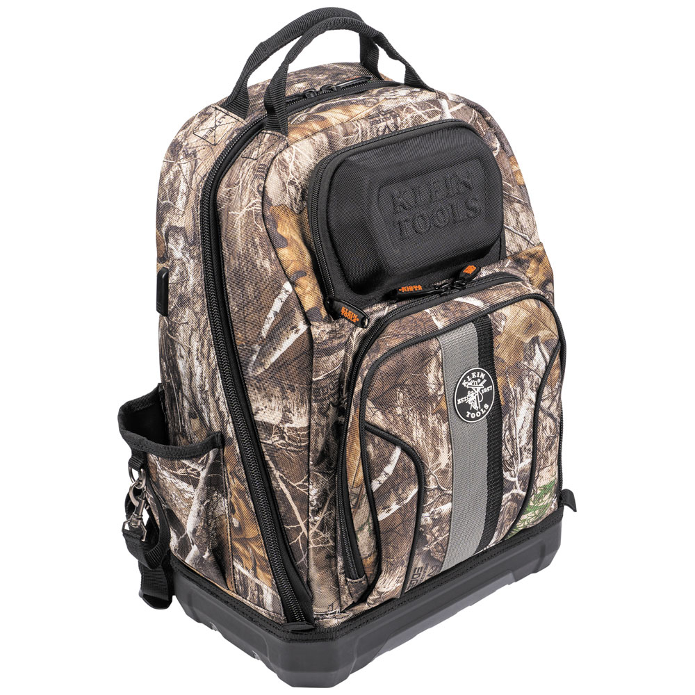 Klein Tools' Tradesman Pro XL Camo Backpack features the REALTREE Edge Camouflage Design, which blends perfectly year-round in a variety of habitats, and looks great on the jobsite too. This seriously tough backpack provides the perfect amount of storage and features to get you through your day. The innovative curved, fully-molded bottom design provides maximum comfort while helping keep your tools safe from the elements. The front compartment features 6 tool storage pockets for easy access to frequently used small tools, while the large interior has 27 pockets with plenty of room for large tools and equipment and unzips to fully open for easy access. The USB-C cord and exterior port make it easy to charge your devices at any jobsite.