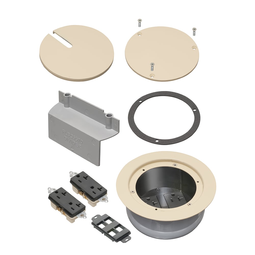 Kits come with two installed receptacles, ultra thin stamped steel flange, and flush-to-the-floor in-use and blank covers. Includes a low voltage keystone holder for up to 4 low voltage ports. Installs easily into our 5.5" round concrete box (FLBC5500). Cover is powder-coated light almond.