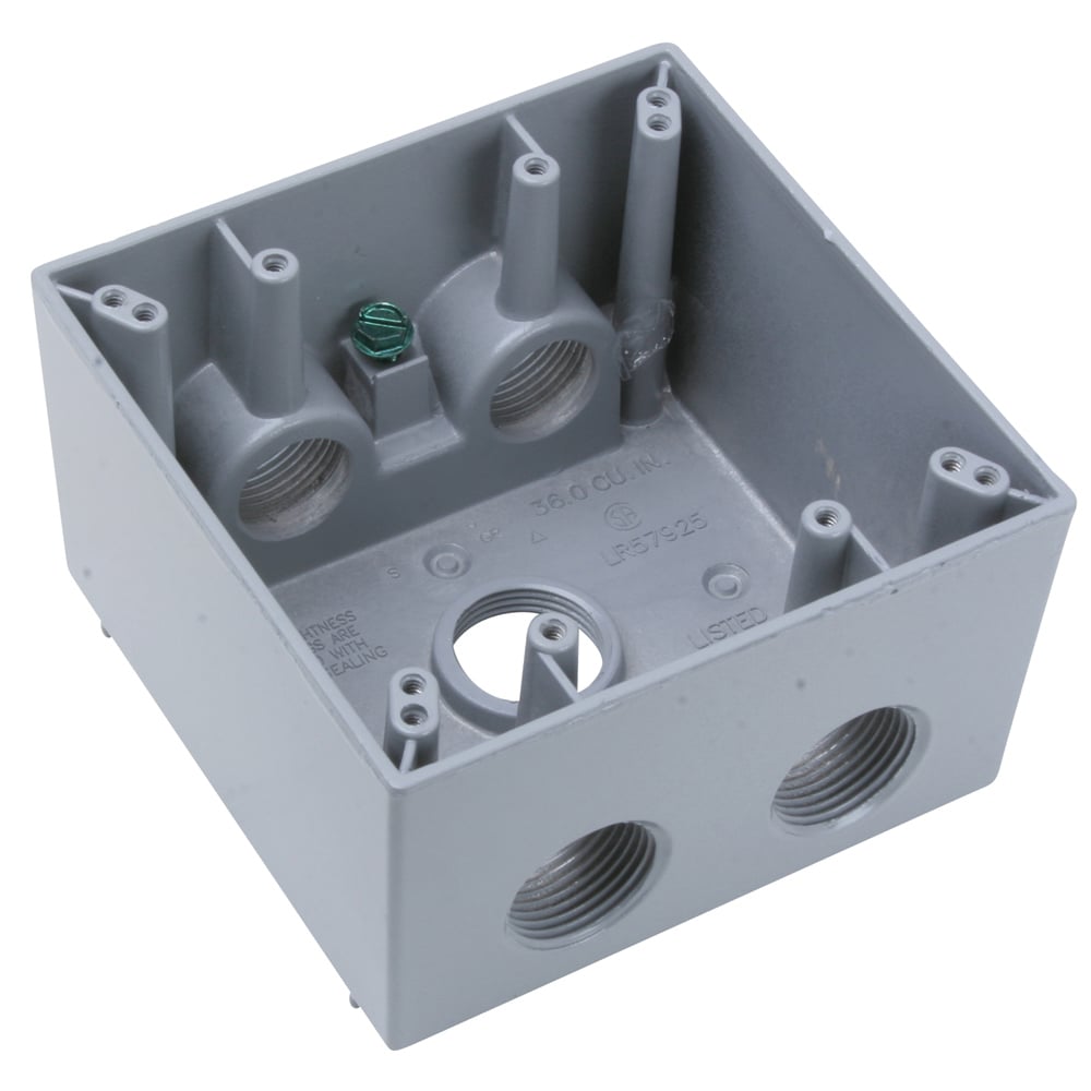 Weatherproof 2 Gang Deep Box, 5 Hole 3/4 with Threaded Holes,Gray (2 Holes Each End, 1 Hole in Back)