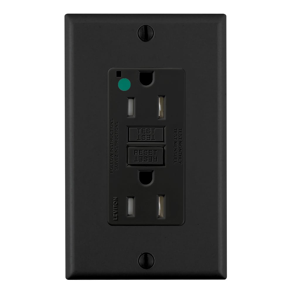 15 Amp, 125 Volt, SmartlockPro Slim Self-Test GFCI Receptacle, Extra-Heavy Duty Hospital Grade, Tamper-Resistant, NEMA 5-15R, 20A Feed-Through, 2P, 3W, Matching Wallplate Included - BLACK
