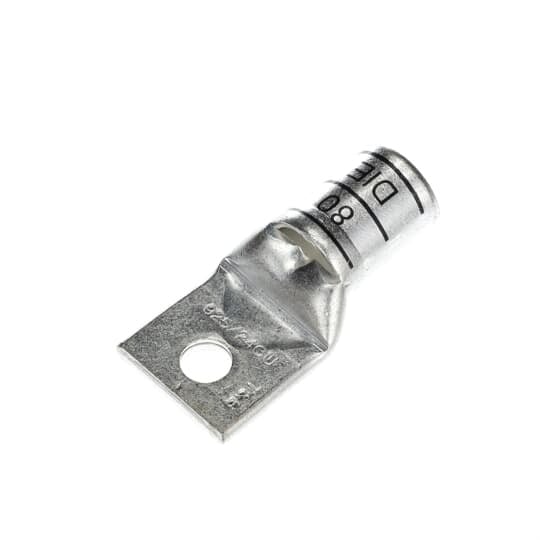 Copper One-Hole Lug, Standard Barrel, Peep Hole, Max 35kV, Wire Size 400 Flex, 1/2 Inch Bolt Size, Tin Plated, Die Code 80, Die Color Code N/A