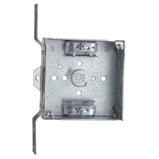 Square Box, 21 Cubic Inches, 4 Inch Square x 1-1/2 Inch Deep, 3/4 Inch Eccentric Knockouts, Pre-Galvanized Steel, with CV Bracket, For use with Conduit