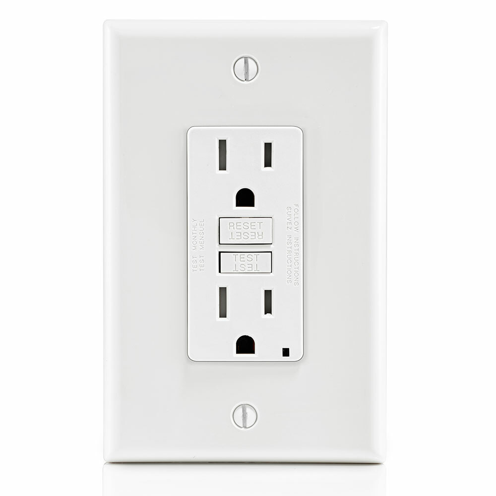 Self-test  Slim Tamper Resistant GFCI Receptacle, NEMA 5-15R 15A-125V @ Receptacle, 20A-125V Feed-through, White W/ White Test And Reset Buttons