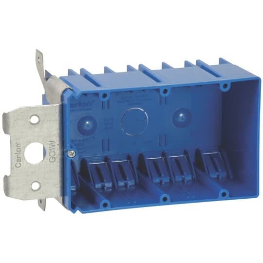 Three-Gang Adjustable New Work Outlet Box, Volume 49 Cubic Inches, Length 5-13/16 Inches, Width 3-5/8 Inches, Depth 3 Inches, Color Blue, Material PVC, Mounting Means up to 1-3/4 Inch Adjustable Bracket