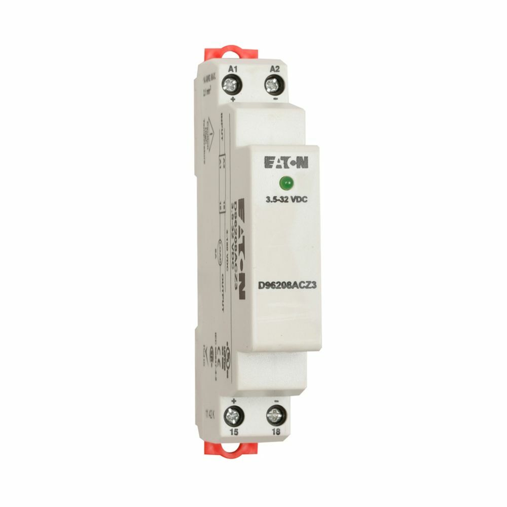 D96 Series Solid-State Relay, 3.5-32 Vdc input voltage, 3-150 Vdc output voltage, DC switch switching type, 8A rated operational current, Green LED, SPST-NO contact configuration, IP20 enclosure