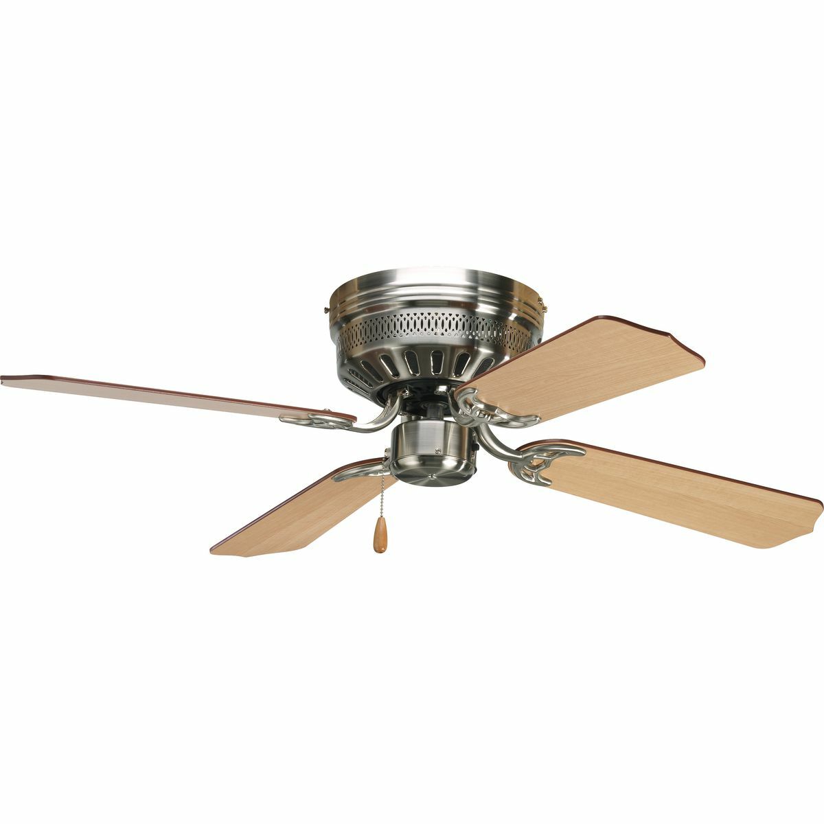 42 in indoor hugger fan with 4 reversible Cherry/Natural Cherry blades, Brushed Nickel finish, and 11 degree pitch. Powerful AirPro motor features 3-speed control that can also be reversed to provide year-round comfort. Includes a 15-year warranty and is compatible with universal light kits. Select from one of our stylish lighting options to fully coordinate your decor. Can be used to comply with California Title 20.