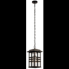Inspired by classic craftsman architecture, This Beacon Square 1 light outdoor pendantfts clean lines deliver a transitional and versatile style. Crafted from Kichlerfts Climates materials, each fixture is designed to withstand harsh outdoor elements, like saltwater spray and UV rays, for a beautiful and long-lasting Olde Bronze finish. The clear, hammered glass simulates the look of water, enhancing the overall style, while still letting the light shine through.