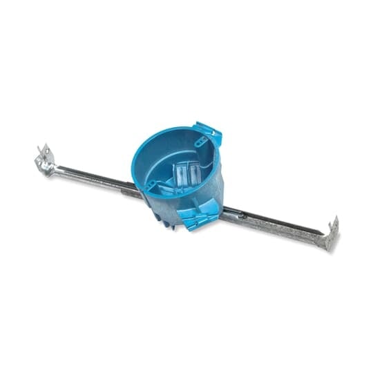 Round Ceiling Box, Volume 25 Cubic Inches, Diameter 4 Inches, Depth 2.95 Inches, Color Blue, Material Polycarbonate, Mounting Means Hanger Bar 11-1/2 Inches - 18-1/2 Inches