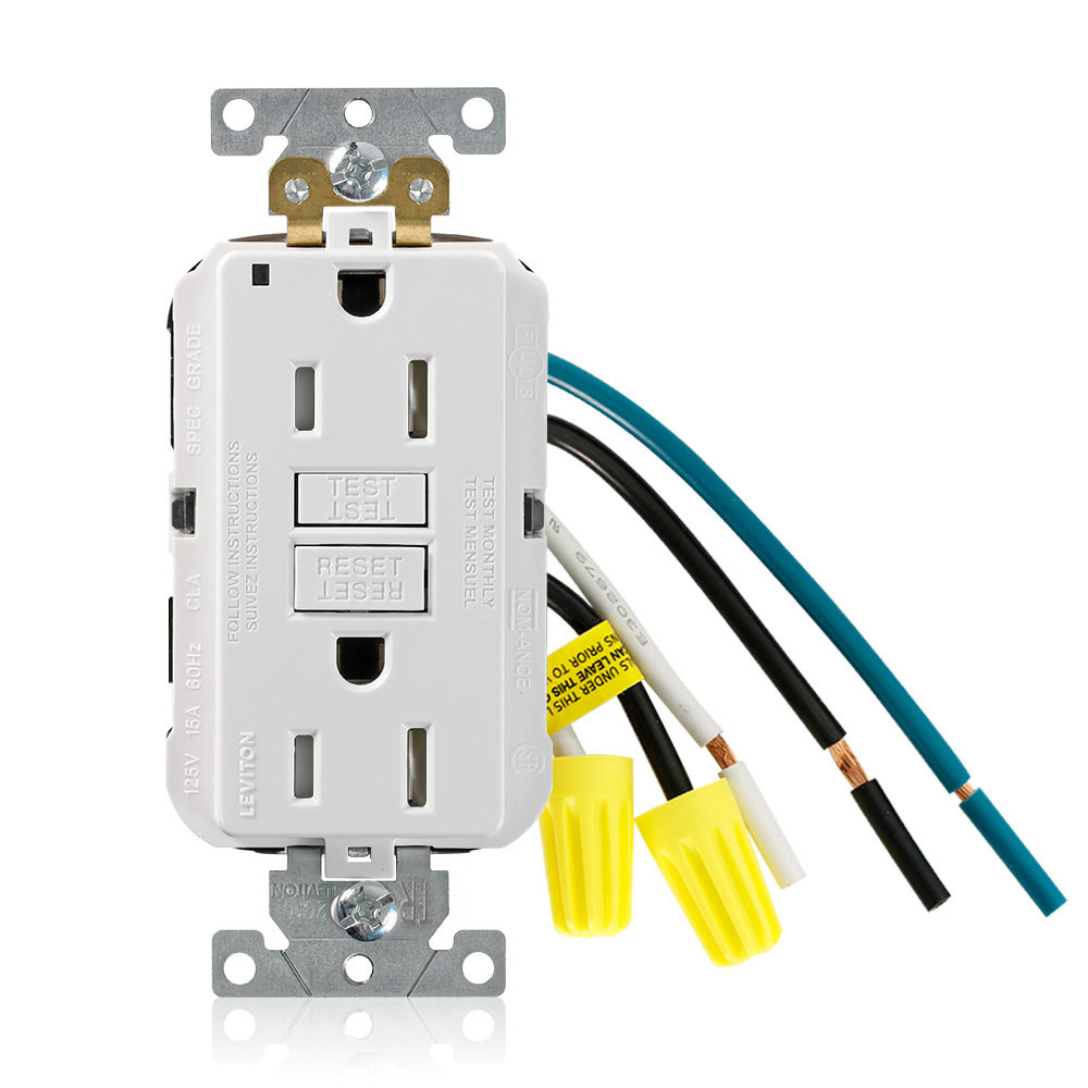15 Amp, 125 Volt, SmartlockPro Slim Self-Test GFCI Leaded Receptacle, Extra-Heavy Duty Industrial Grade, NEMA 5-15R, 2P, 3W, Tamper-Resistant, Pigtail Leads 6 Inch Wired - WHITE