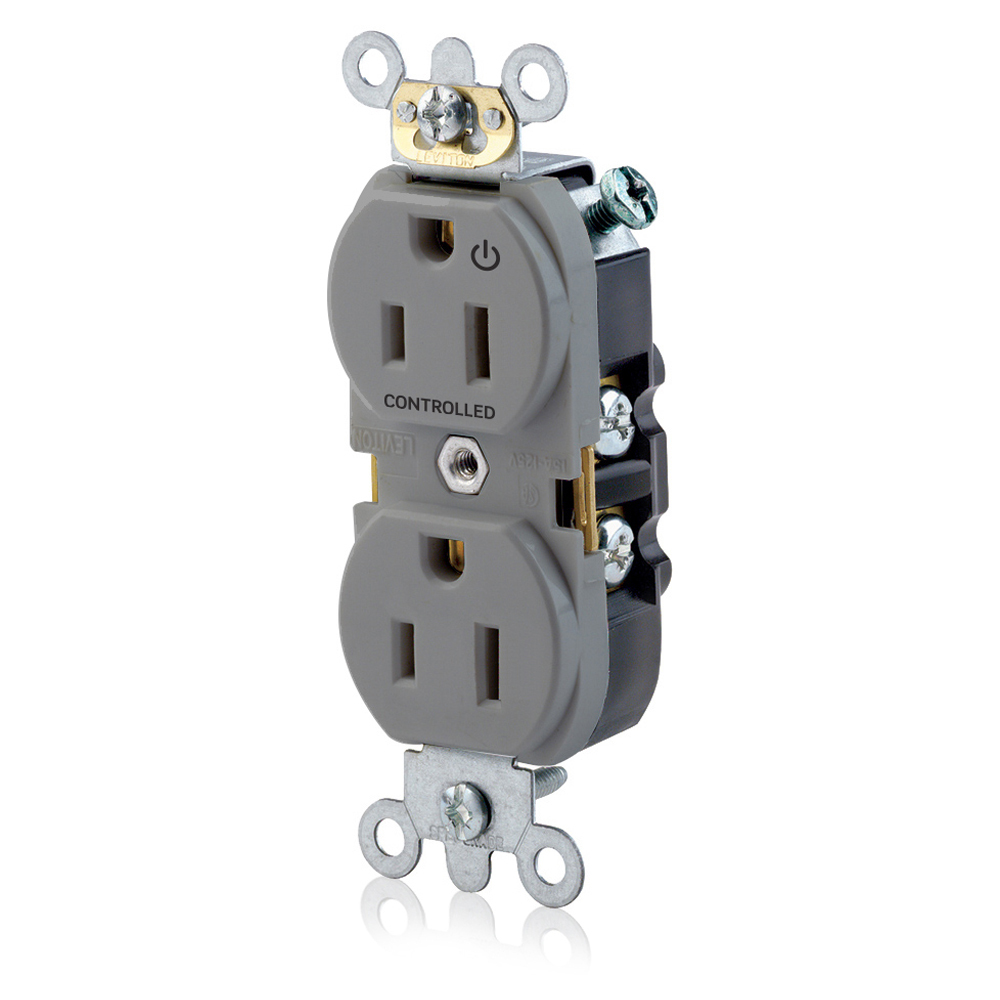 Duplex Receptacle Narrow Body Design. 2-pole 3-wire. Nema 5-15R. 15A-125V. Flat Face. Back And Sidewired. Industrial Spec Grade, Self Grounding Hot Terminal Split W/1 Plug Controlled Markings - Gray