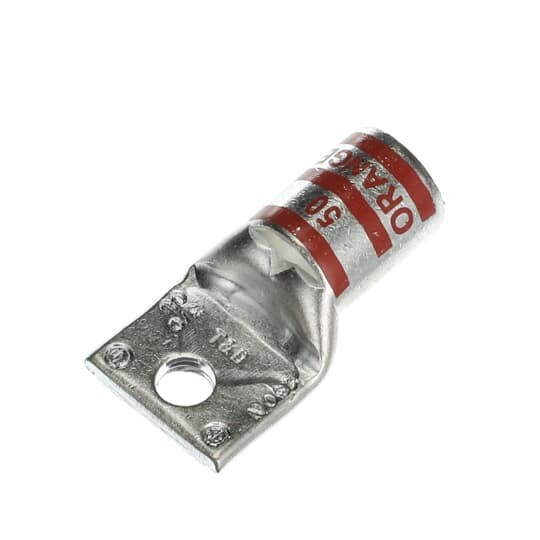 Copper One-Hole Lug, Standard Barrel, Peep Hole, Max 35kV, Wire Size 3/0 AWG, 1/4 Inch Bolt Size, Tin Plated, Die Code 50, Die Color Code Orange