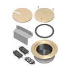 Kits come with two installed receptacles, ultra thin stamped steel flange, and flush-to-the-floor in-use and blank covers. Includes a low voltage keystone holder for up to 4 low voltage ports. Installs easily into our 5.5" round concrete box (FLBC5500). Cover is brass plated.