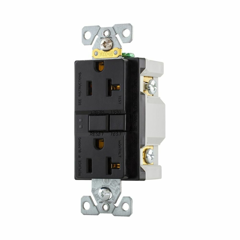 Eaton GFCI receptacle,Self-test,#14 - 10 AWG,20A,Residential,Commercial,Flush,125 V,GFCI,Back and side wire,Black,Brass,Receptacle,Polycarbonate,5-20R,Two-pole, three-wire, grounding