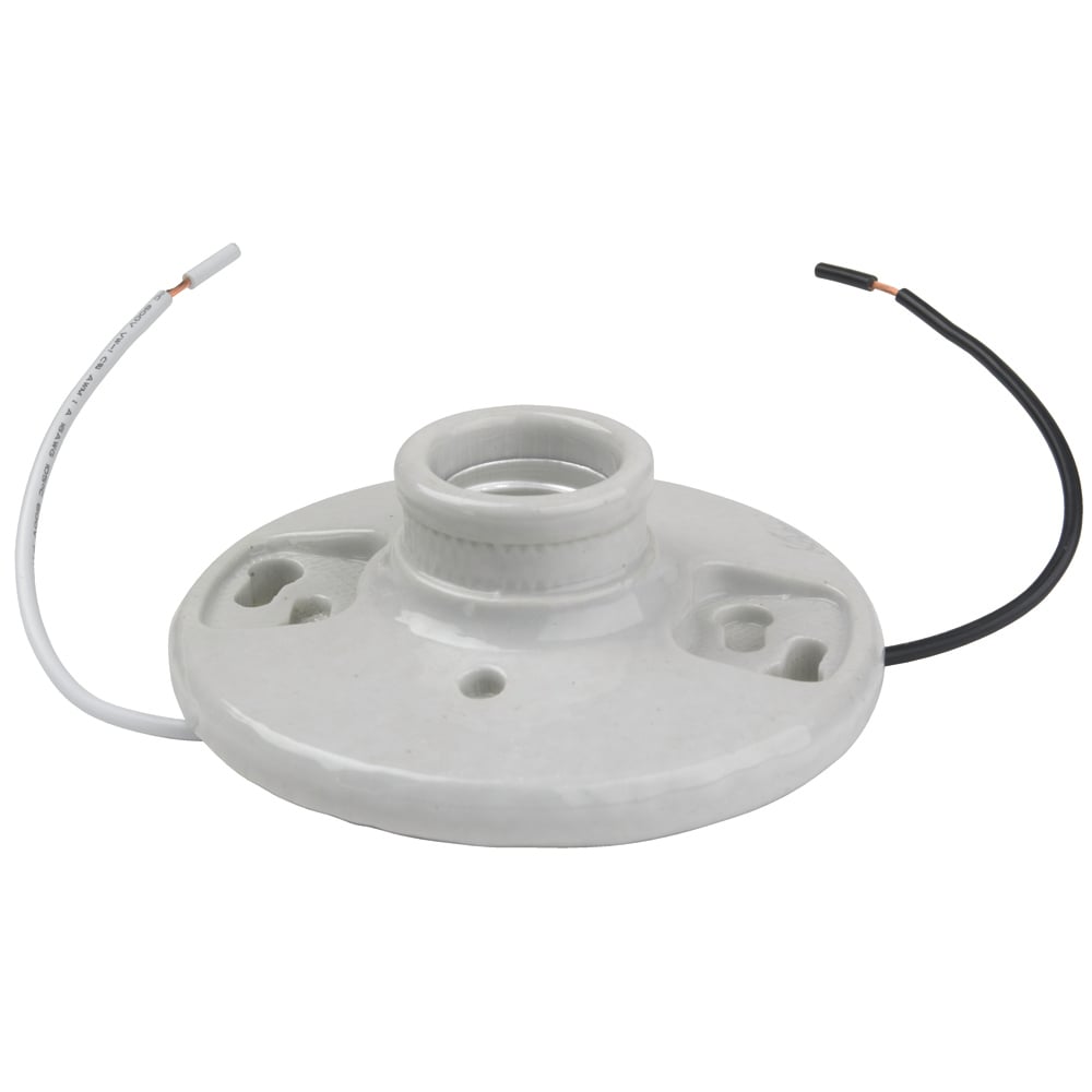 Medium base, porcelain, one piece keyless. 2 terminals with tri-drive scews, fits 3 1/4 and 4 boxes, with cage necks, 6 Leads. White.