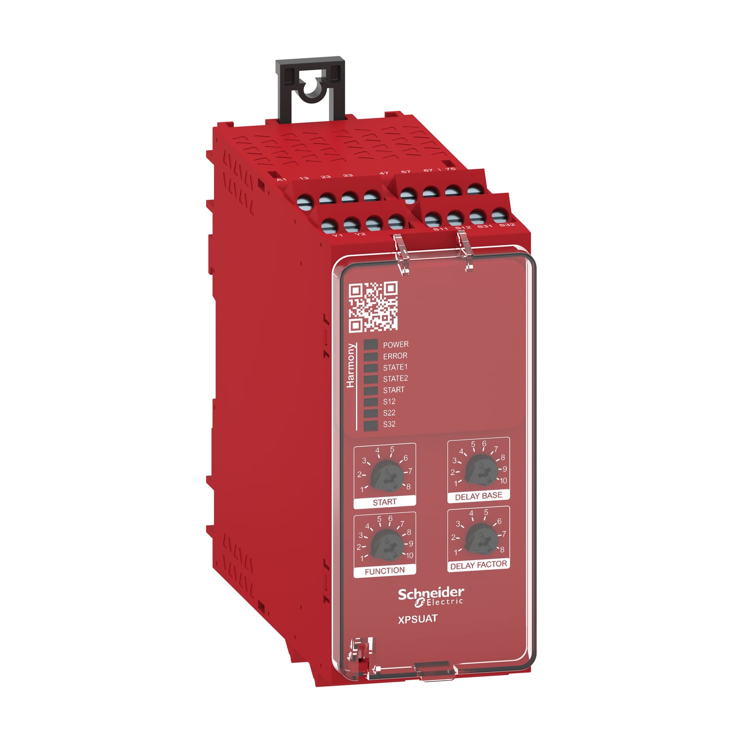 safety module, Harmony XPSU, Cat4, features XPSUAK with delayed outputs, 24V AC or DC, screw
