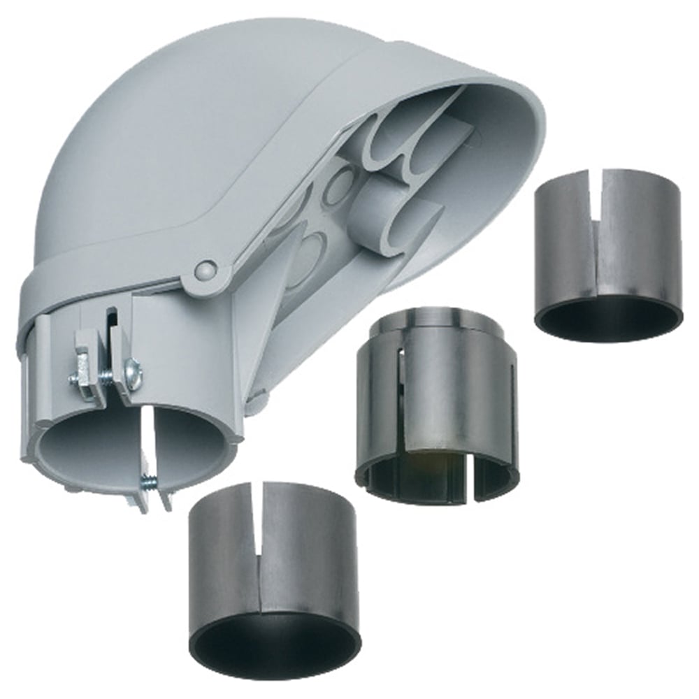 PVC Entrance cap for rigid, IMC, EMT, Rigid PVC. Trade Size 1-1/2", 1-1/4". Mast size 1-1/2", 1-1/4". Wire Holes two at .823 and one at .635.