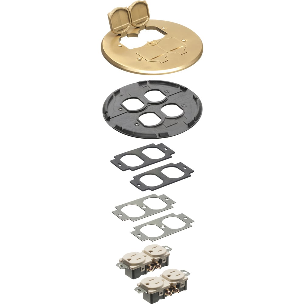 Trim kit for Arlington's FLB5548 drop in box, Includes cover, gasket and receptacle. Metallic Brass.