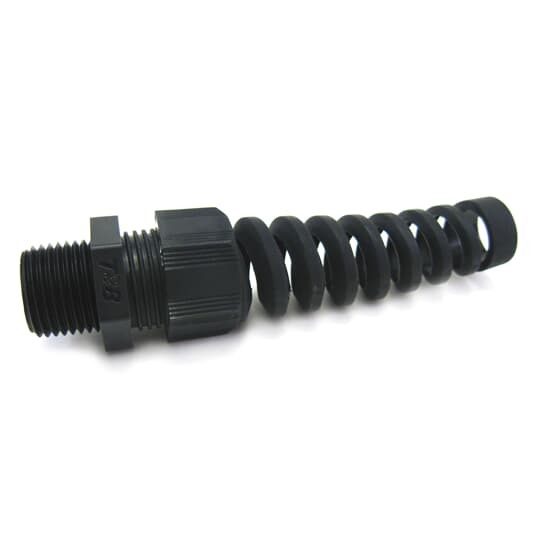 Spiral Cable/Cord Fitting with Intergral Strain-Relief, Trade Size 1/2 Inch, Cable Range 0.197 to 0.394 Inch, IP68 Rating, Polyamide 6 Body and Cap, Neoprene Sealing Ring, Black