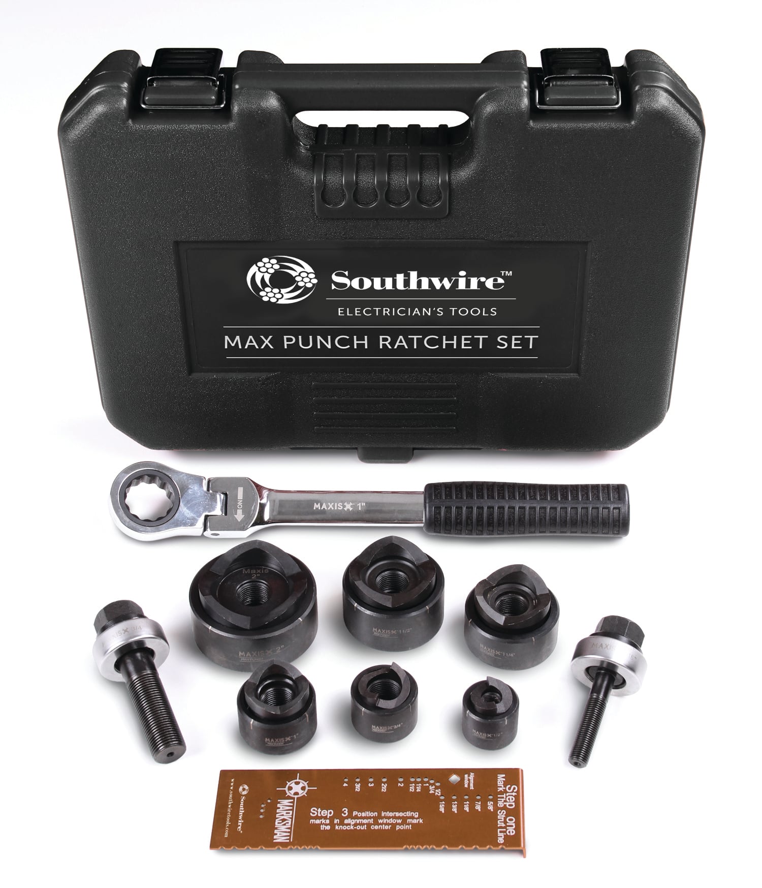 The unique design profile of the cutting cups make the electrician's hole making easier by splitting the slug in half making it extremely easy to remove. The flex head ratchet wrench allows for easy maneuverability around obstacles in the field. All tools fit securely in durable plastic case for easy transportation and storage.