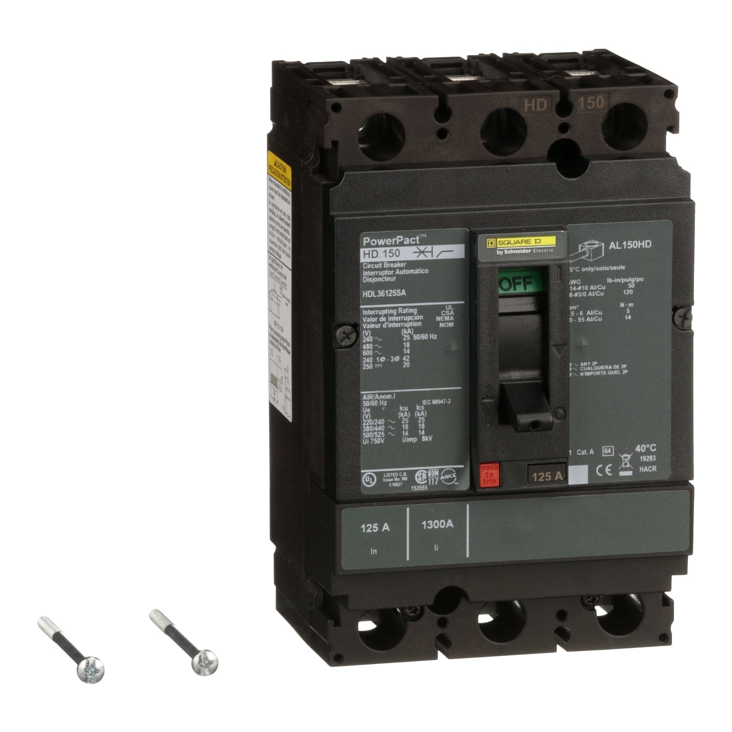Circuit breaker, PowerPacT H, 125A, 3 pole, 600VAC, 14kA, lugs, thermal magnetic, 80%, shunt