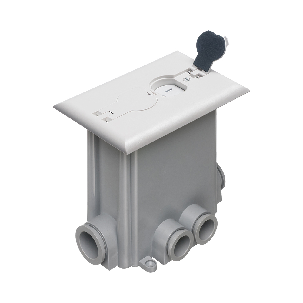 Non Metallic concrete floor box with non metallic covers for new concrete pours. White with flips lids. Includes Box, Mud Cover, Four 3-1/4 plugs, two 1" plugs, 1/8" spacer 1/4" spacer. one 1/2" spacer, one 3/4" spacer, Mounting bracket, Duplex receptacle, Gasketed cover plate.