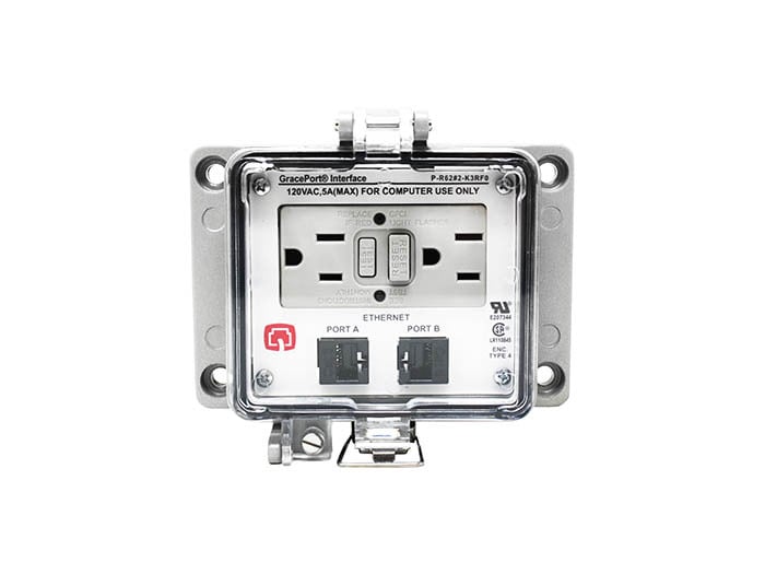 PANEL INTERFACE CONNECTOR WITH QTY 2 CAT 6 RJ45, PMH, UL TYPE 12, GFCI DUPLEX INSIDE-OUTLET