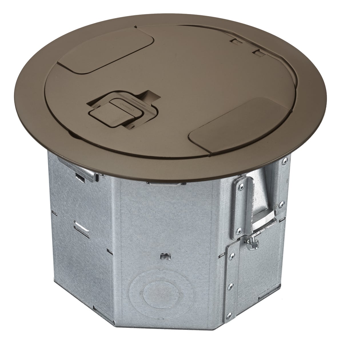 Raised Access or Wood Floorboxes, Galvanized Stamped Steel Box, Recessed, 4-Gang RAFB Series, 6.47" Deep Round Box with CFBS1R8CVRBRZ Bronze Plated Cover