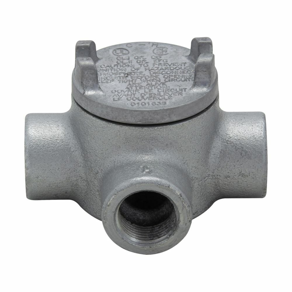 Eaton Crouse-Hinds series Condulet GUA conduit outlet box with cover, 2" cover opening diameter, Feraloy iron alloy, T shape, 3/4"