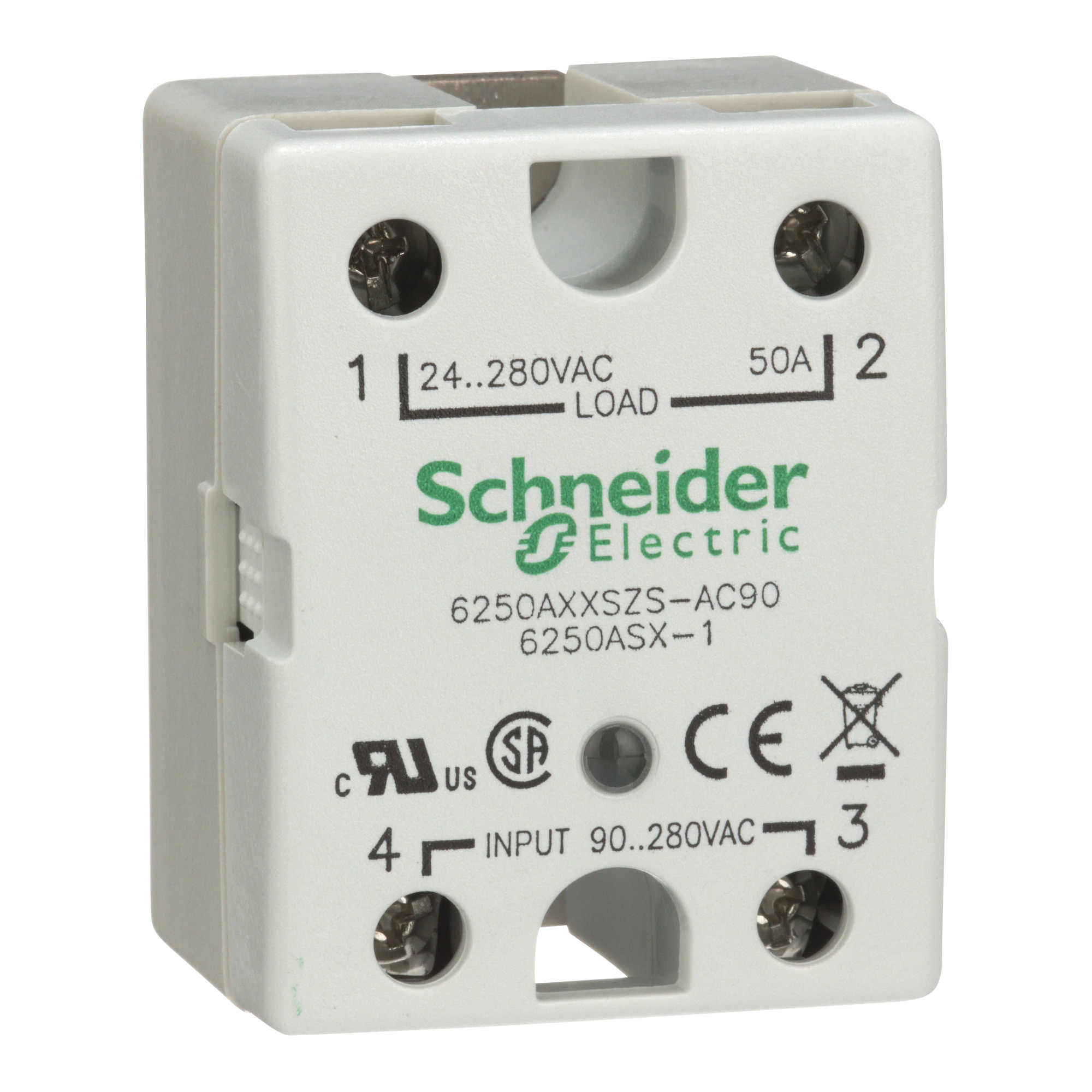 Relay, SE Relays, solid state, SPST NO, 50A, 24V to 280V AC, 90V to 280V AC Uc, SCR AC zero cross, screw terminal