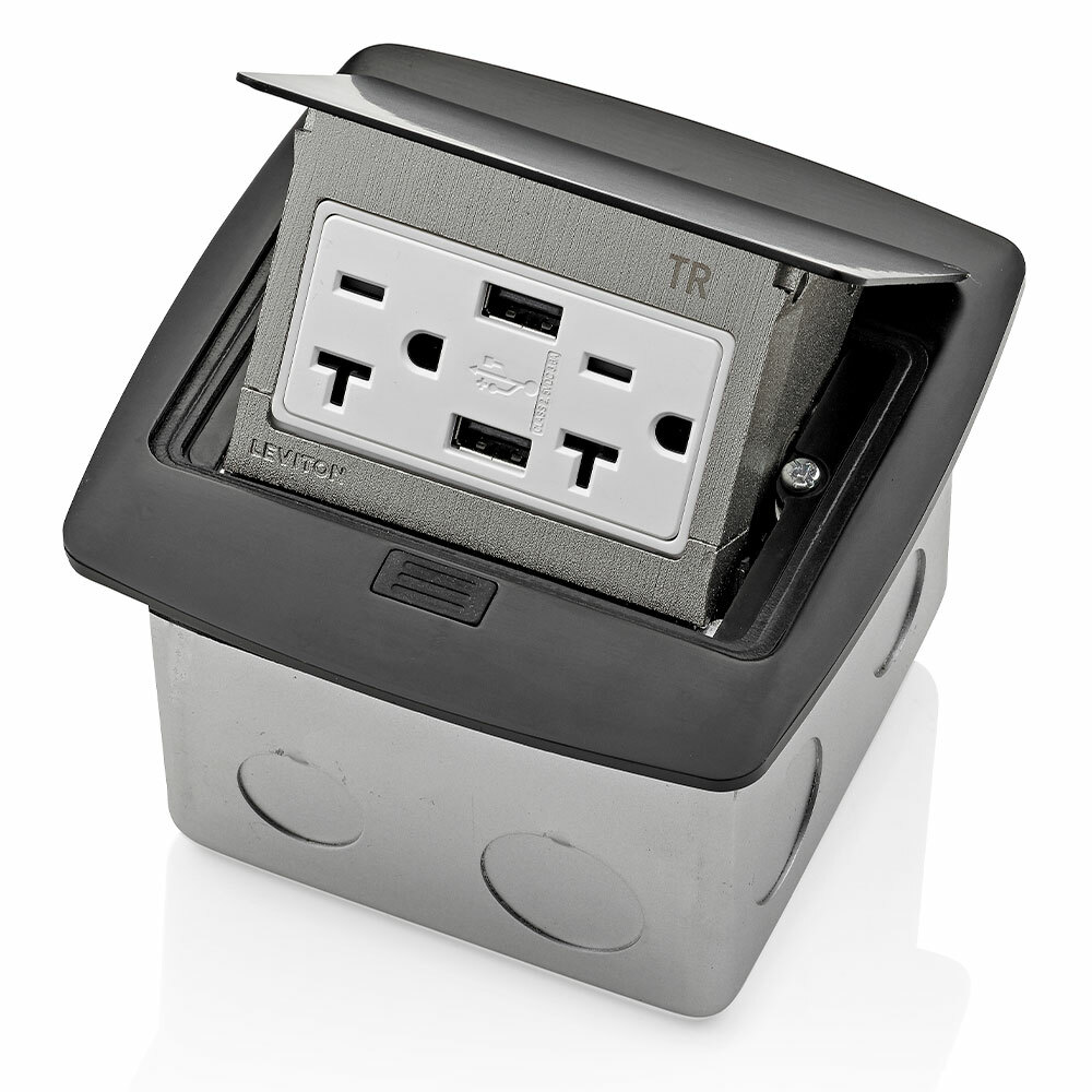 Pop-Up Floor Box with Combination Duplex Receptacle Outlet and USB charger.  20 Amp, 125 Volt, Decora Tamper-Resistant Receptacle Outlet, NEMA 5-20R, 3.6 Amps, 5VDC, 2.0 Type A USB Charger that is Pre-Wired to Terminal Block - Black