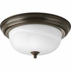Two-light flush mount with dome shaped alabaster glass, solid trim and decorative knobs. Center lock-up with matching finial. Antique Bronze finish.