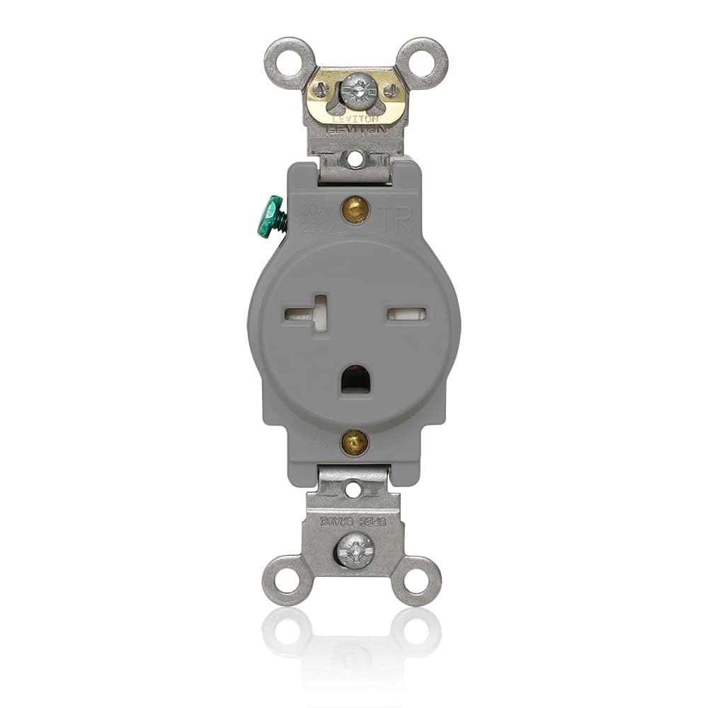Single Receptacle Outlet, Heavy-Duty Industrial Specification Grade, Tamper-Resistant, Smooth Face, 20 Amp, 250 Volt, Back and Side Wire, NEMA 6-20R, 2-Pole, 3-Wire, Self-Grounding - Gray
