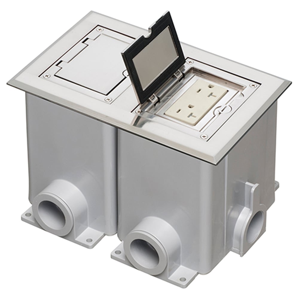 Nickel two gang frame kit with Flip lid cover. Includes (2) 20A decorator style receptacle, (2) gasket, low voltage insert and installation screws.. Flip lid cover can be opened in any direction.