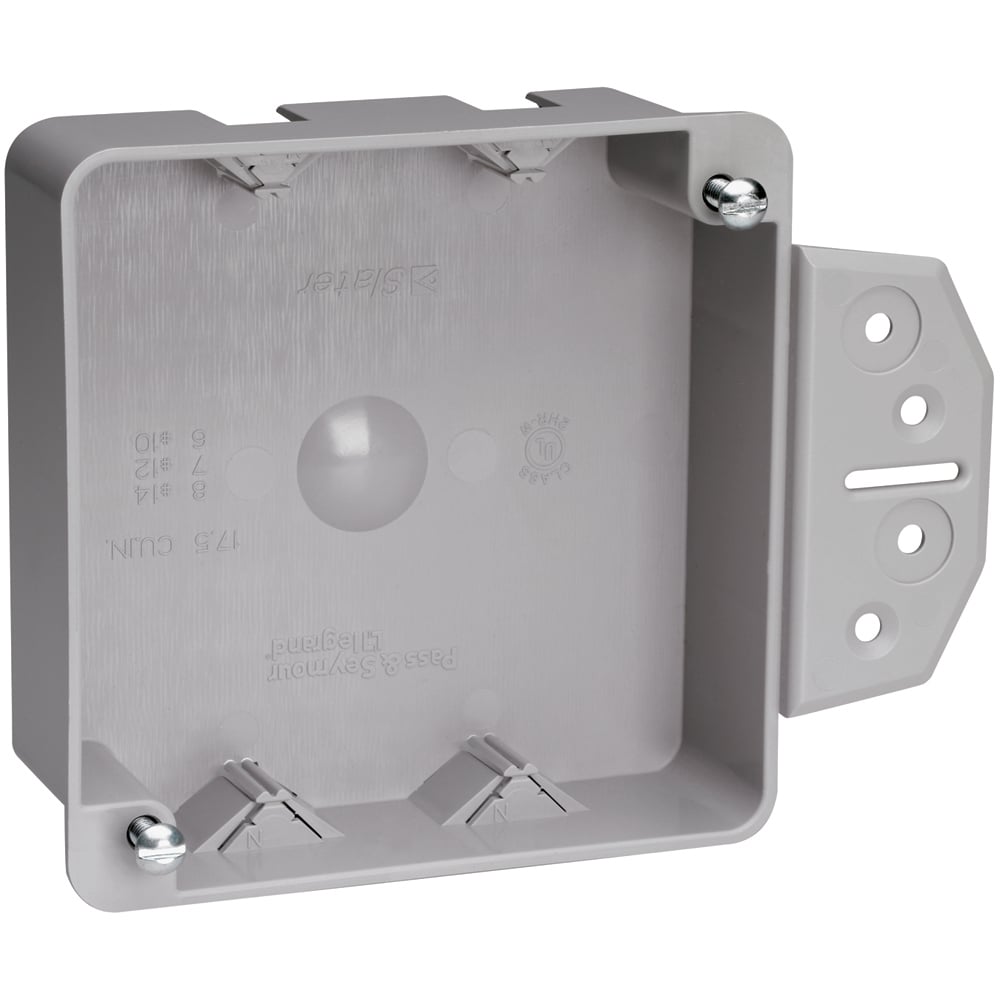 Shallow 4 Square box with Captive Mounting Nails on Each End with Threaded Mounting Holes. Two Auto/Clamps on Each End. Two #8 Mounting Screws Factory Installed. 50 pack.