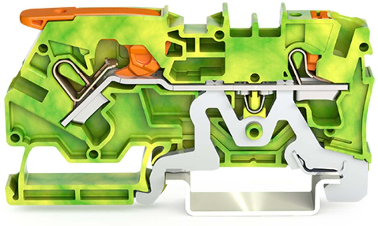 2-conductor ground terminal block; with lever and push-button; 4 mm; with test port; side and center marking; for DIN-rail 35 x 15 and 35 x 7.5; Push-in CAGE CLAMP; 4,00 mm; green-yellow