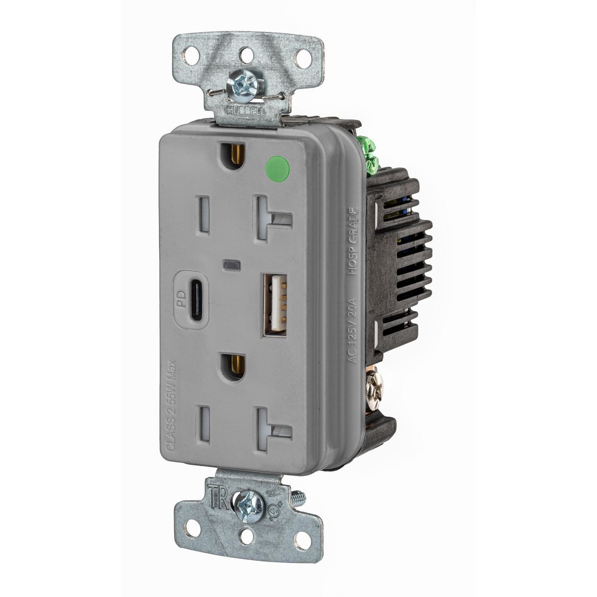 Tamper Resistant Hospital Grade Receptacle, 2-Pole 3-Wire Grounding, 1 Type "C" Power Delivery, 1 Type "A" Standard 5V