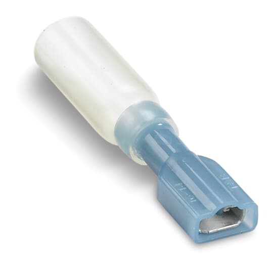 Heat Shrinkable Fully Insulated Female Disconnect Terminal, Length 1.77 Inches, Maximum Insulation .200, Tab Size .250x.032, Wire Range #16-#14 AWG, Color Blue, Copper, Tin Plated