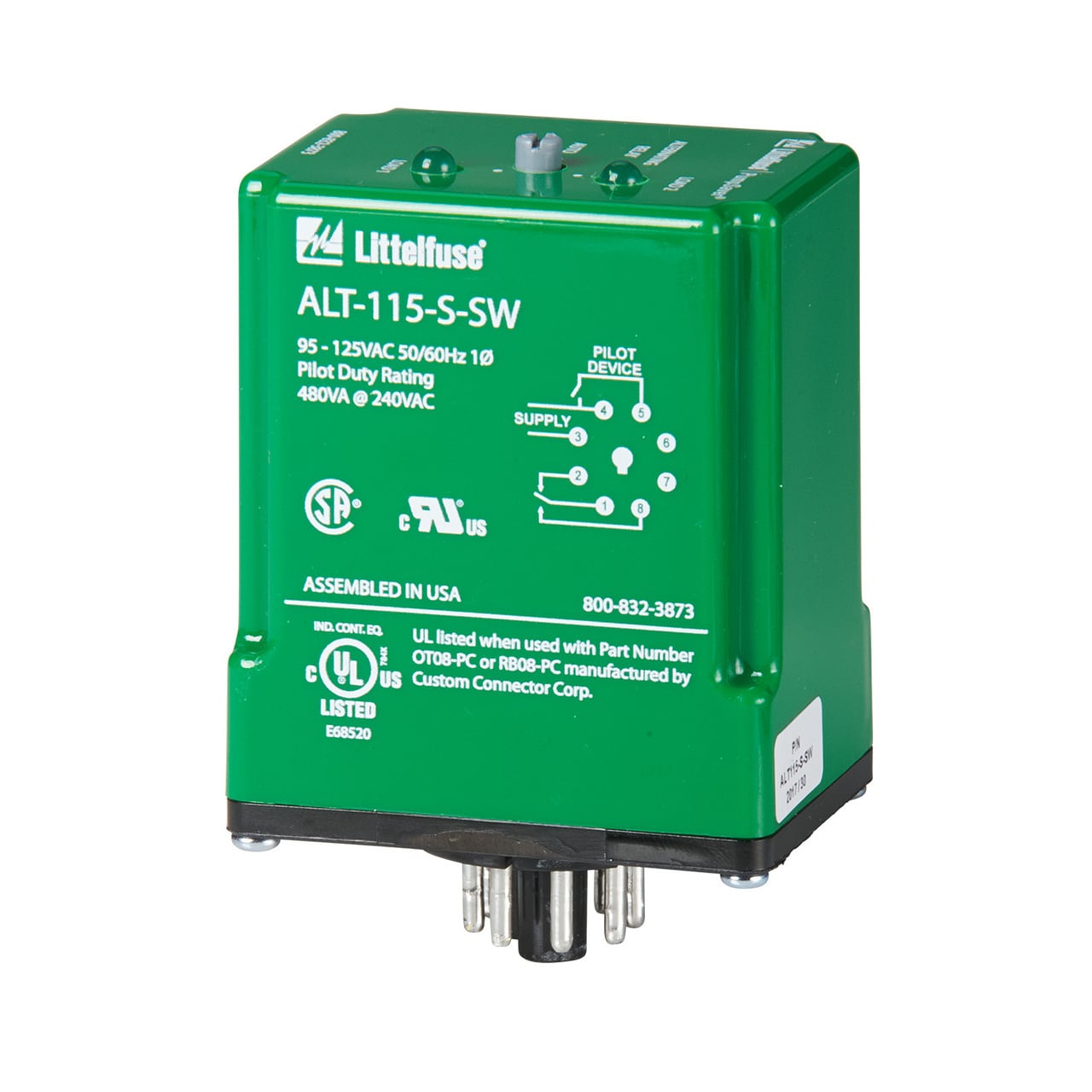 The ALT alternating relays are used to alternate between two loads. The ALT is commonly used in duplex pumping applications to balance the runtime of both pumps. The ALT-S is used in single high-level float applications. When the float switch opens, the alternating relay changes state, forcing the other pump to run the next time the float closes. All ALT relays have a built-in debounce feature that prevents the relay from changing state if the switch or float contact bounces momentarily. The ALT-X has an internal cross-connected relay and is used in dual high-level float applications. These floats are commonly referred to as lead and lag floats. The pumps alternate as in the ALT-S version but the crossconnected relay configuration allows both pumps to run simultaneously when both the lead and lag floats are closed. These relays are also available with a built-in switch (SW option) that is used to manually force one of the pumps to run every time the float switch is closed. This is helpful when a pump has been removed for repair or for test purposes. In the case of the ALT-X-SW, the switch essentially forces one pump to be the lead pump, while still allowing the second to run when both floats are closed. Must use the OT08PC socket for UL Rating!