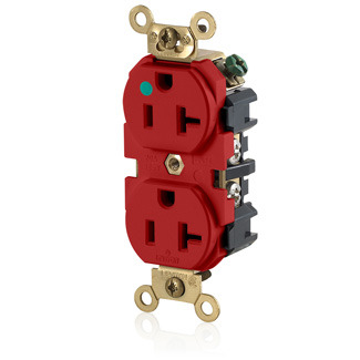 20-Amp, 125 Volt, Wide Body Duplex MRI Receptacle, Straight Blade, Hospital Grade, Self Grounding, Red