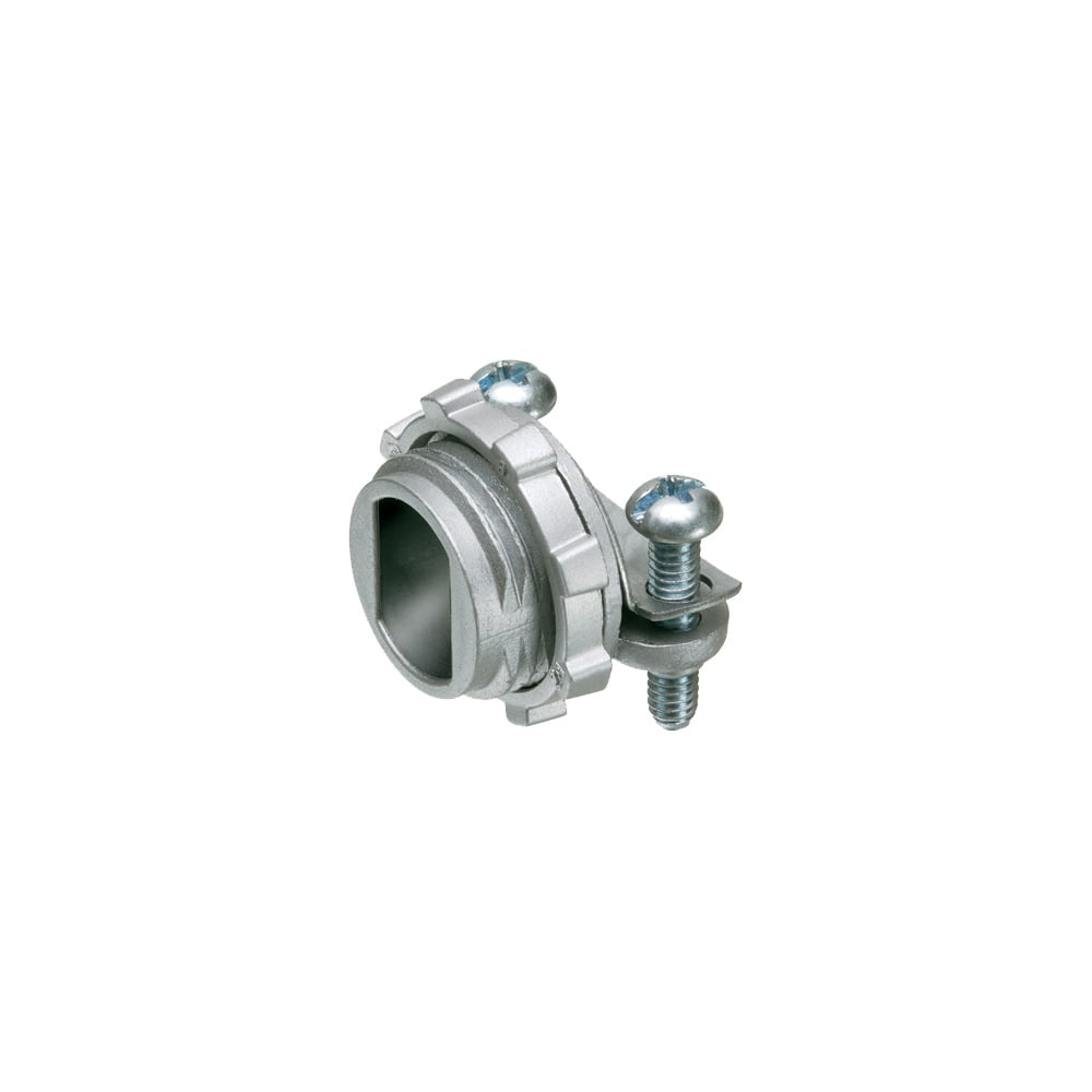 Zinc die-cast, 1/2" knockout cable connector with rectangular end stop. End stop diameter: .400x.580. Also accommodates MCI-A cable ranges. Secures into knockout with a locknut.