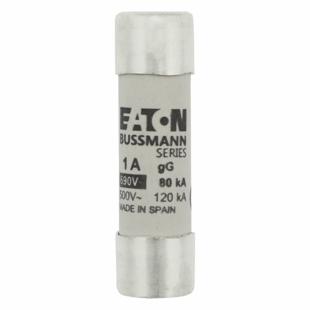 Eaton Bussmann series low voltage 14 x 51 mm cylindrical/ferrule fuse, rated at 690 Volts AC, 1 Amps, 80 kA Breaking capacity, class gG/gL, without indicator, compatible with a CH14 Modular fuse holder