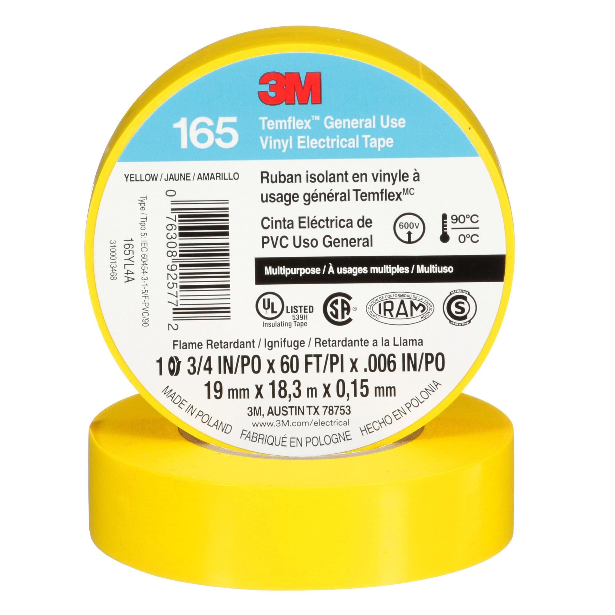3M Temflex Vinyl Electrical Tape 165, Yellow, 3/4 in x 60 ft (19 mm x 18 m), 100 Rolls/Case